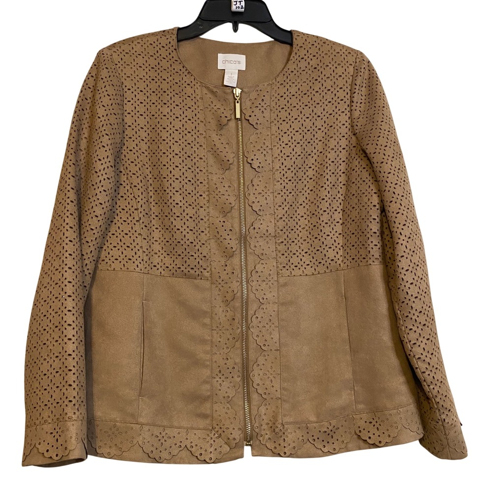 Chicos Faux Suede Perforated Scalloped Zip Jacket Tan Brown Women Medium